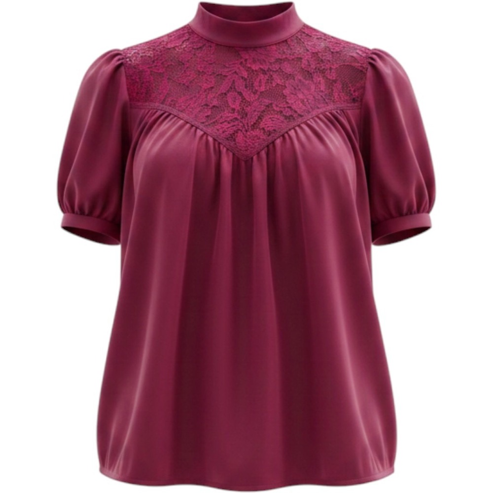 Torrid Womens Berry Wine Lace Yoke Mock Neck Flutter Sleeve Babydoll Blouse 0 L